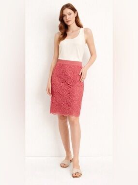 Ann Taylor Petite 6P Coral Lace Pencil Skirt Floral Crochet Back Zip